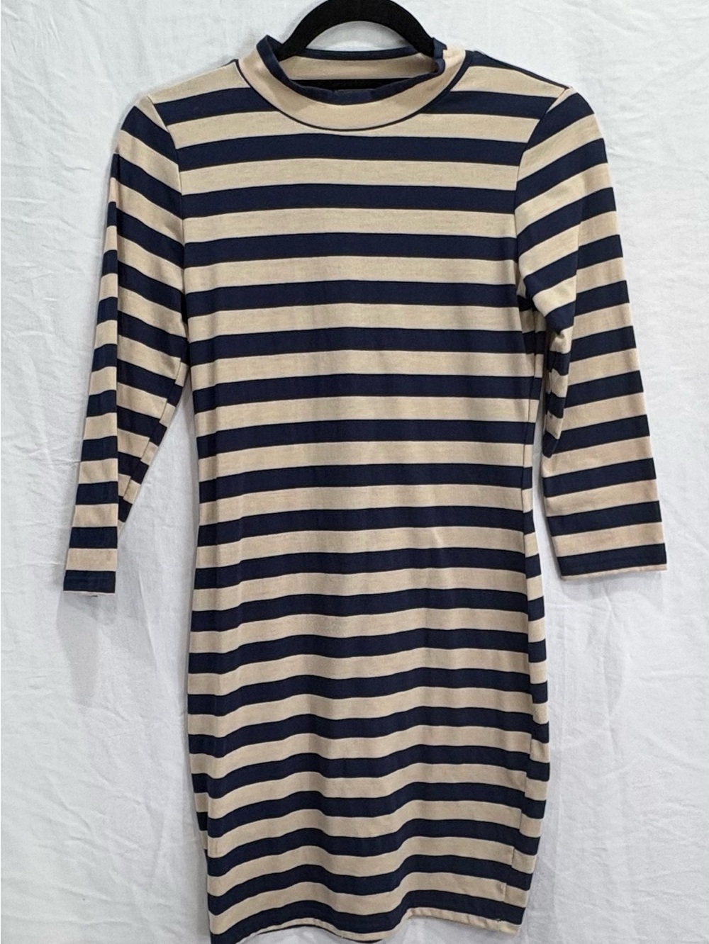 Soprano Navy and Tan Striped Crew Neck Dress with 3/4 sleeves